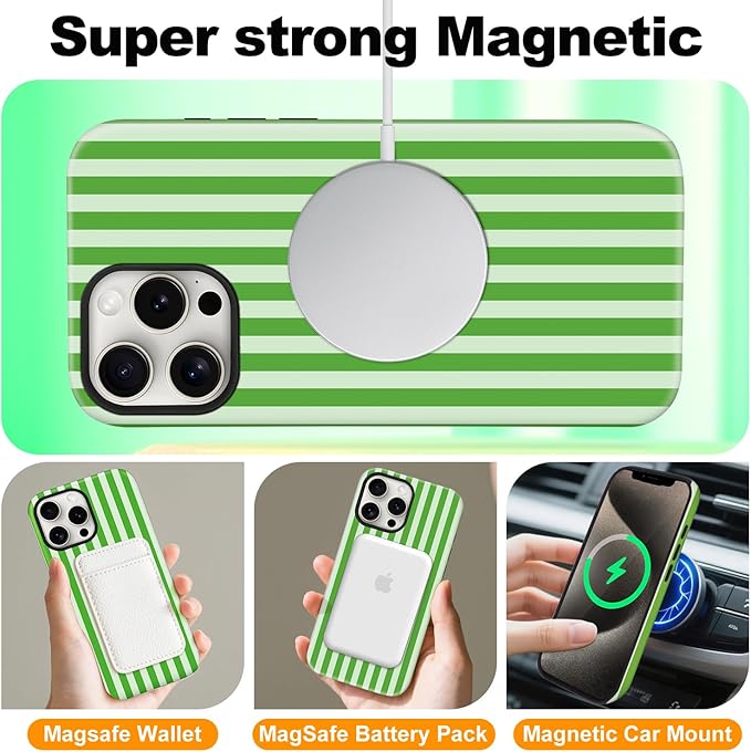 Magnetic for iPhone 13 Pro Case Cute Stripes Phone Case, Shockproof Slim TPU and Hard PC Protective Phone Cover Compatible with MagSafe Designed for Women Girls, Deep Green