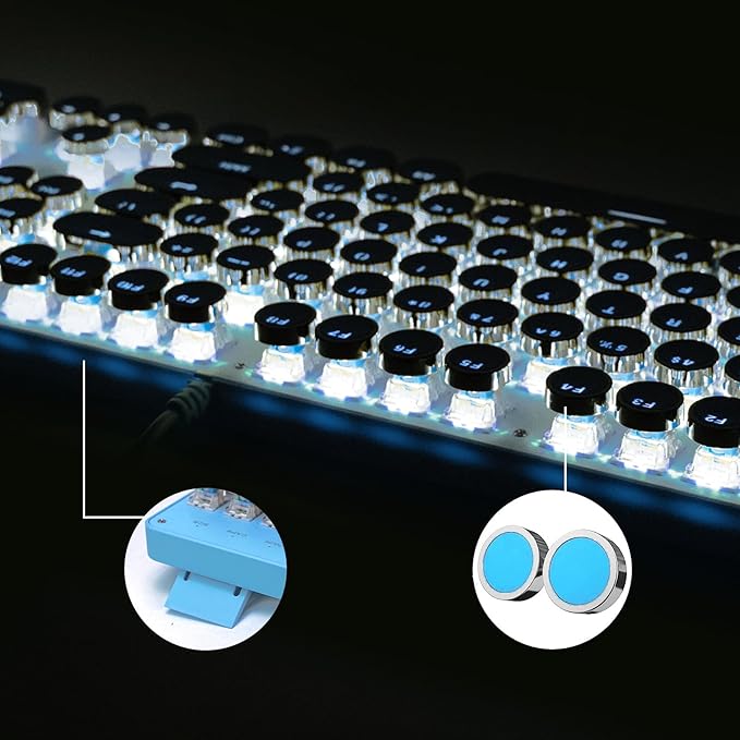 YSCP Typewriter Style Mechanical Gaming Keyboard White Backlit Wired with Blue Switch Retro Round Keycap 104 Keys Keyboard (Blue)
