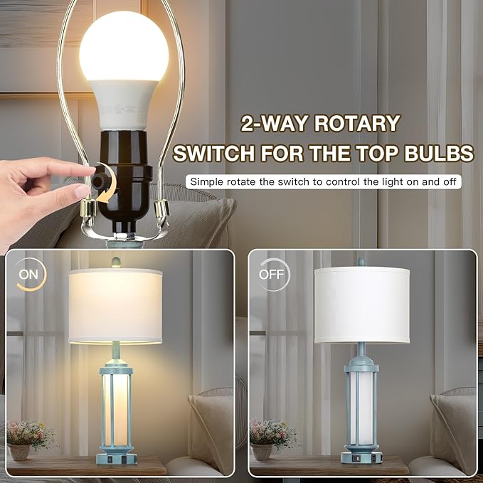 Lolikit 27" Tall Farmhouse Table Lamps for Living Room, Rustic Vintage Table Lamp with USB A+C Charging Ports & AC Outlet, Modern Retro Industrial Nightstand Bedside Lamp for Bedroom Side Table Decor