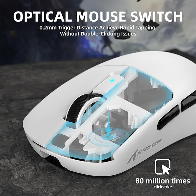 ATTACK SHARK R6 39g Superlight Wireless Gaming Mouse,PixArt PAW3950MAX 42000 DPI,MCU Nodic 52840 Computer Mouse,8K Polling Rate Web Driver,BT/2.4Ghz/Wired Tri-Mode Mice with Coiled Cable-White