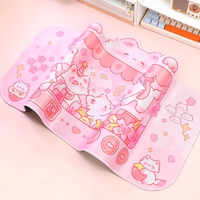 PERFECTSIGHT Cute Cat Desk Pad Kawaii Kitty Claw Machine Desk Mat, Pink Switch Large Gaming Mouse Pad, Funny Deskmat Mousepad, Anime Laptop Keyboard Pad Office Home Decor for Women Girls, Coral