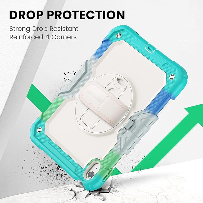 SEYMAC Case for iPad (A16) 11th/10th Generation 2025/2022 (11″/10.9″), Sturdy Heavy Duty Full-Body Shockproof Protective Case with Screen Protector, Rotating Stand, Hand/Shoulder Strap, Colorful/Blue