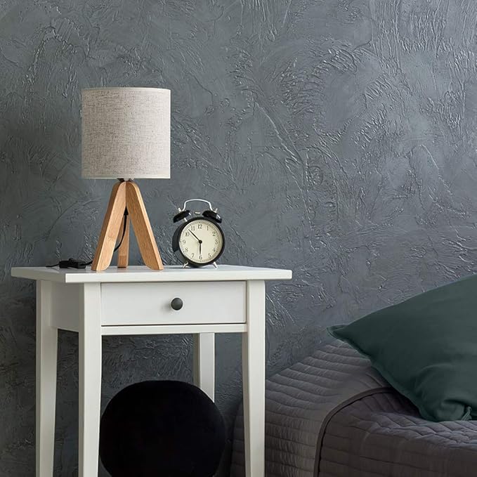 HAITRAL Small Bedside Table Lamp - Wooden Tripod Nightstand Lamp for Bedroom, Living Room, Office, Home with Fabric Linen Shade - 13.4 Inches (Without Bulb)