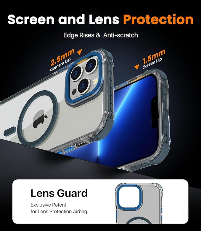 DEERLAMN Strong Magnetic Case for iPhone 13 Pro 6.1-Inch,[Compatible with Magsafe][Military-Grade Protection] Clear Slim Shockproof Protective Phone Cover for Women Men-Transparent+Blue