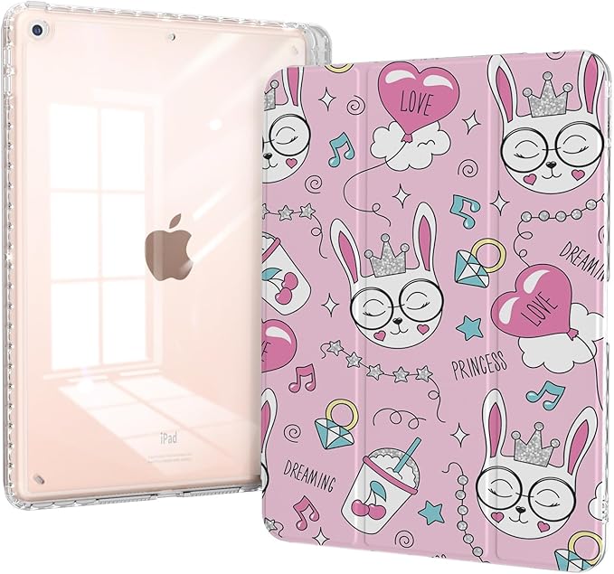 Girly Case for ipad 10.2 inch 9th Generation 2021 with Pencil Holder, ipad 8th/7th Generation Case 2020/2019, Trifold Stand Slim Shell Cover Clear Back, Pink Princess