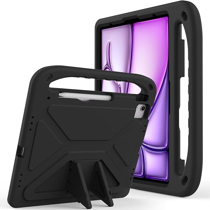 Kids Case for iPad Pro 13 inch (M5) 2025/ (M4) 2024, with Pencil Holder/Kickstand/Handle Stand Lightweight Cute Soft EVA Shockproof Silicone Anti-Slip Grip Rugged Girls Boys Cover, Black
