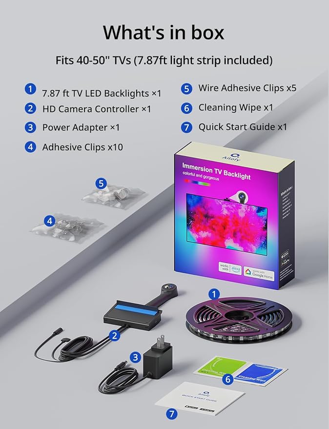 Ailofy TV Backlight with Camera for 40-50" TVs, 7.87ft LED Strip Lights, Real-Time Full-Screen Sync for Movies, Gaming & Music, Smart Bias Lighting, Works with Alexa & Google Assistant, App Control