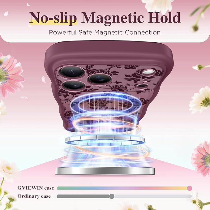 GVIEWIN for iPhone 17 Pro Max Case Compatible with MagSafe [Curly Wave Edge][Full Camera Protection] Floral Translucent Shockproof Magnetic Women Phone Case for 17 Pro Max, Filigree Rose/Burgundy