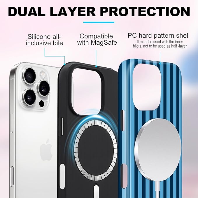 Magnetic for iPhone 12 Pro Max Case Cute Stripes Phone Case, Shockproof Slim TPU and Hard PC Protective Phone Cover Compatible with MagSafe Designed for Women Girls, Lake Blue
