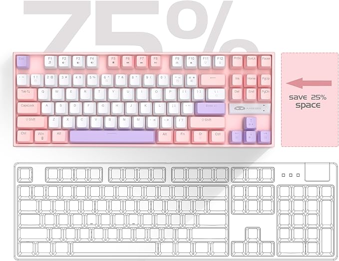 MageGee 75% Mechanical Gaming Keyboard, Red Switch, LED Blue Backlit, 87 Keys Compact TKL Wired Computer Keyboards for Windows Laptop PC Gamer - White/Pink