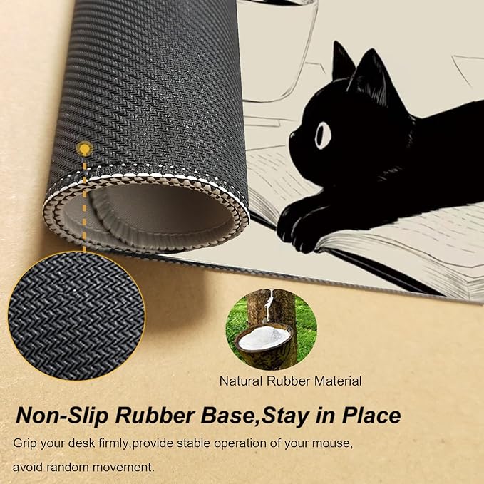 Gaming Mouse Pad XL Extended Anime Mouse Pad 31.5x11.8inch, Large Cute Kawaii Big Computer Mouse Mat Desk Pad Home Office-Black Reading Cat