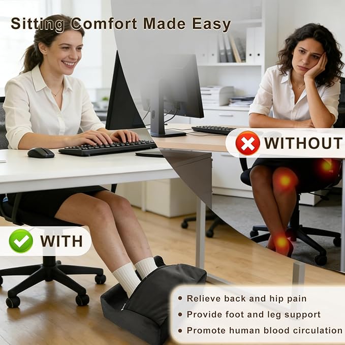 Foot Rest for Under Desk at Work,Ergonomically Designed Home Footrest with Warm Feet Pocket,Comfort Foam Foot Stool Used As A Foot Or Leg Elevator Under Desks,Office Chairs & Sofas or Couch - Black