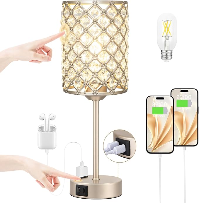 Hong-in Champagne Gold Lamps for Night Stands-Crystal Table Lamp with USB-C+A & AC Charging Ports, 3-Way Dimmable Nightstand Touch Lamp, Bedside Desk lamp for Bedroom Living Room Home Office