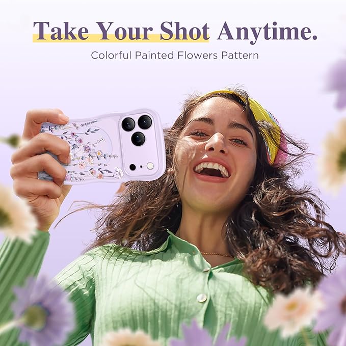 GVIEWIN for iPhone 17 Pro Max Case Compatible with MagSafe [Curly Wave Edge][Full Camera Protection] Floral Translucent Shockproof Magnetic Women Phone Case for 17 Pro Max, Floratopia/Purple