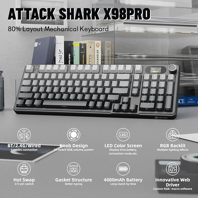 ATTACK SHARK X98PRO Wireless Mechanical Keyboard,Multi-Function Knob&TFT Screen,Tri-Mode BT/2.4G Hz/USB-C Wired Keyboard,Hot-Swappable RGB Backlit,4000mAh Cloud Drive,for Win/Mac/Linux-Moonlit Night