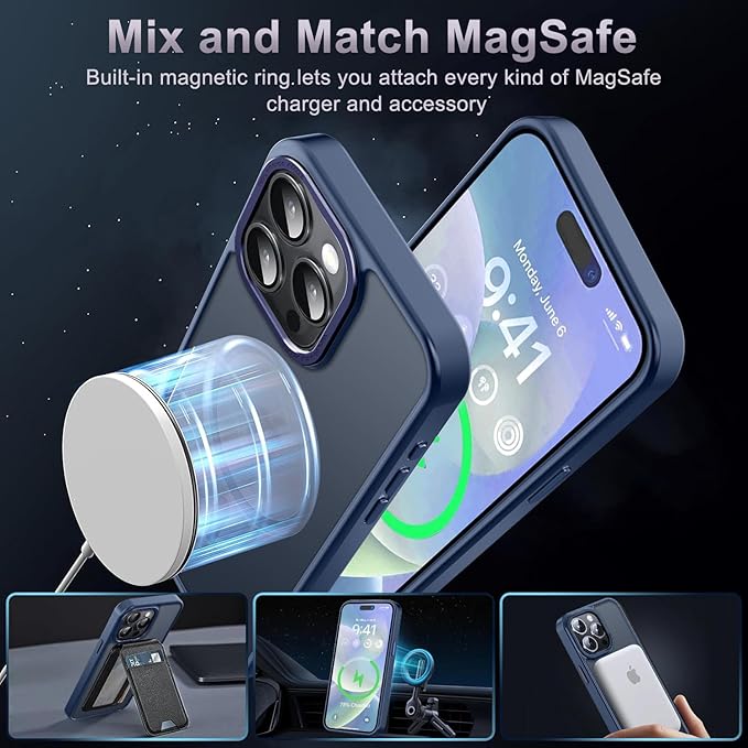 Newfuture Upgraded Magnetic for iPhone 15 Pro Max Case [Compatible with Magsafe] [Mil-Grade Protection], Pocket-Friendly, Slim Translucent Phone Case Cover for iPhone 15 Pro Max 6.7", Navy Blue