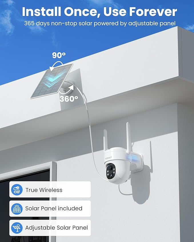 VIZIUUY Solar Security Cameras Wireless Outdoor, 2 Pack 3MP Security Cameras Wireless Outdoor, Pan Tilt 360°WiFi Camera with Color Night Vision/PIR Sensor/2-Way Audio/Alexa/Google Assistant