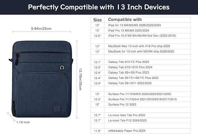 Dadanism 13 Inch Protective Tablet Sleeve Bag with Shoulder Strap for iPad Pro 13" M5/M4 2025/2024, iPad Air 13" M4/M3 2026/2025, iPad Pro 12.9", Galaxy Tab S10+ Plus/S9 FE+/S9+ Plus 12.4", Dusty Blue