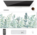 XXL Waterproof Office Desk Pad Protector 35.4x15.7 Inch - Extended Gaming Mouse Pad with Non-Slip Rubber Base, Thickened Keyboard Mat, Stitched Edges & Green Plants Design