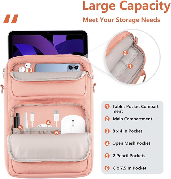 10-13 Inch Tablet Sleeve Bag, Ipad Bag for 13 In/11 in New iPad Pro M4 & 13 in Air M2 2024,iPad Pro 12.9 M2&M1,Ipad 10.9,Galaxy Tab S8+/S9+ 12.4,with Removable Shoulder Strap (Pink)