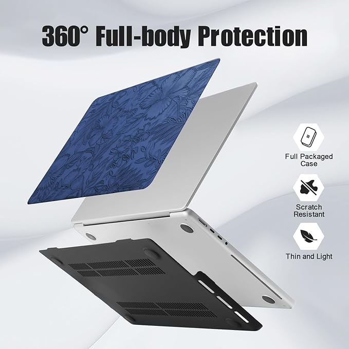 DTangLsm for MacBook Pro 13 inch Case 2026-2016 M2 M1 A2338 A2289 A2251 A2159 A1989 A1706 A1708 MacBook Pro Cover, Textured Leather Hard Cover for MacBook Pro M1Case+Keyboard Skin,Blue Embossed Floral