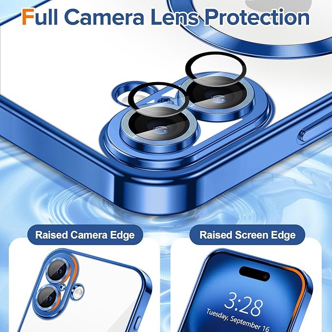 Hython Magnetic Clear for iPhone 16 Case with Camera Lens Protector [Compatible with MagSafe] Luxury Plating Edge Slim Soft TPU Cover Protective Phone Case for iPhone 16 6.1", Deep Blue