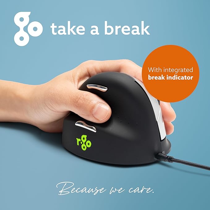 R-Go HE Vertical Ergonomic Mouse, for Left Handed, with Break Software, USB-C/A Wired, Prevents Tennis Elbow/Mouse Arm RSI, Silent Click, 5 Buttons - Compatible Windows/Mac OS, Black/Silver