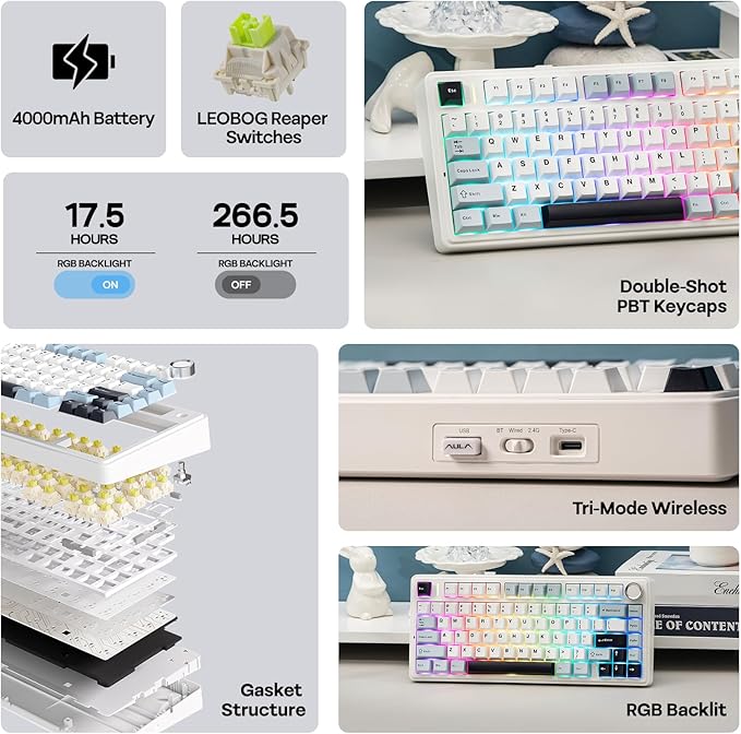 EPOMAKER x Aula F75 Gasket Mechanical Keyboard, 75% Wireless Hot Swappable Gaming Keyboard with Five-Layer Padding&Knob, BT/2.4GHz/USB-C, RGB (Light Blue, LEOBOG Reaper Switch)
