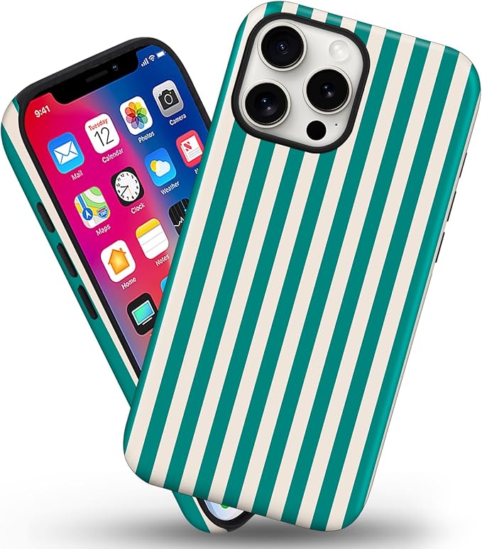 Magnetic for iPhone 16 Pro Case Cute Stripes Phone Case, Shockproof Slim TPU and Hard PC Protective Phone Cover Compatible with MagSafe Designed for Women Girls, Emerald Green