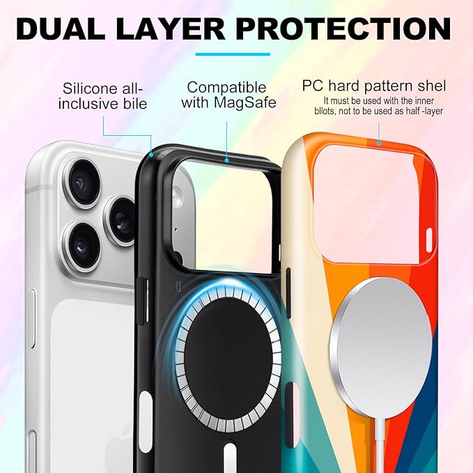 Magnetic for iPhone 17 Pro Case Cute Stripes Phone Case, Shockproof Slim TPU and Hard PC Protective Phone Cover Compatible with MagSafe Designed for Women Girls,Retro Diffuse