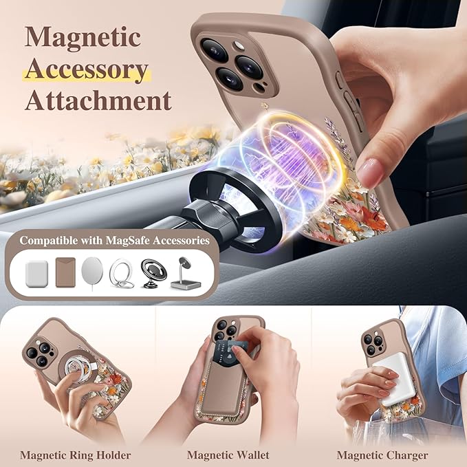 GVIEWIN for iPhone 16 Pro Max Case Compatible with MagSafe [Curly Wave Edge][Full Camera Protection] Floral Translucent Shockproof Magnetic Women Phone Case for 16 Pro Max, Primrose/Brown