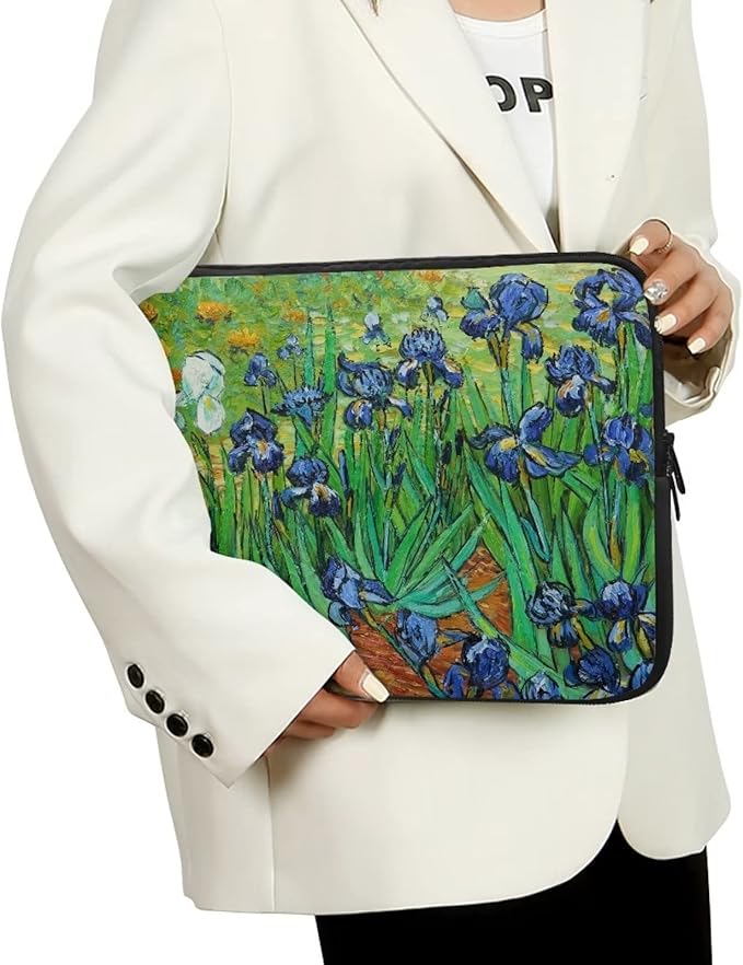 Irises Painting Laptop Sleeve 12 Inch for Women Exquisite Van Gogh Painting Pattern Computer Bag with Funny Design Lightweight Multiple & Neatly Organizers for On-The-Go Essentials