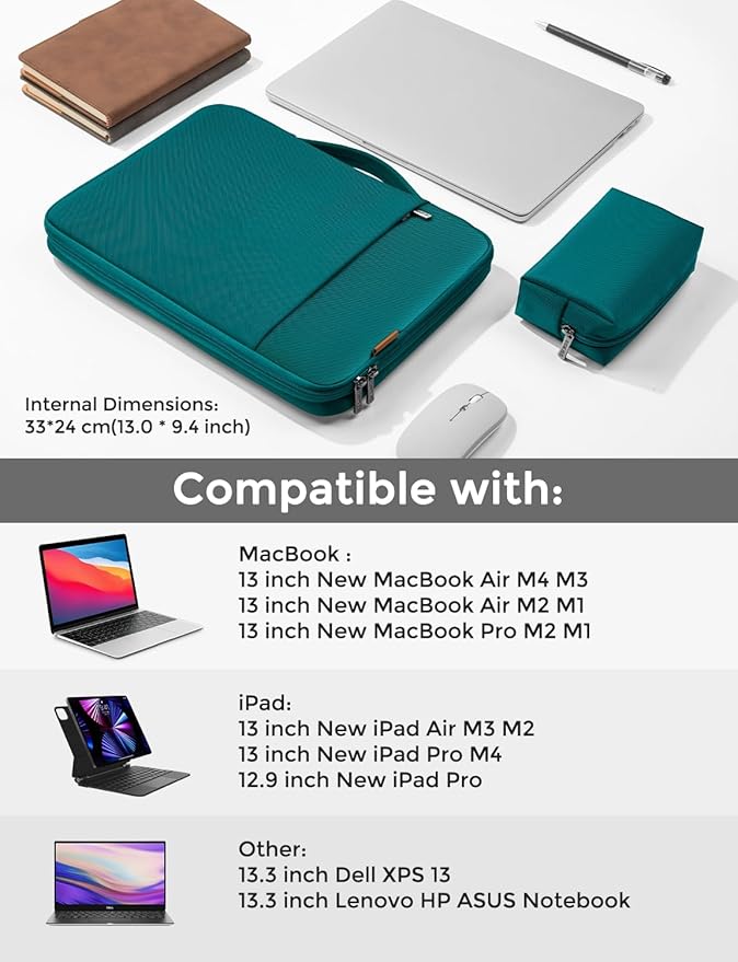 DOMISO 13 inch Laptop Sleeve Water Resistant Shockproof Protective Computer Bag for MacBook Air 13 M4 M3 M2,MacBook Pro M2 M1,iPad Air/Pro,13 inch Dell,Lenovo, HP,Asus with Accesory Bag,Turquoise