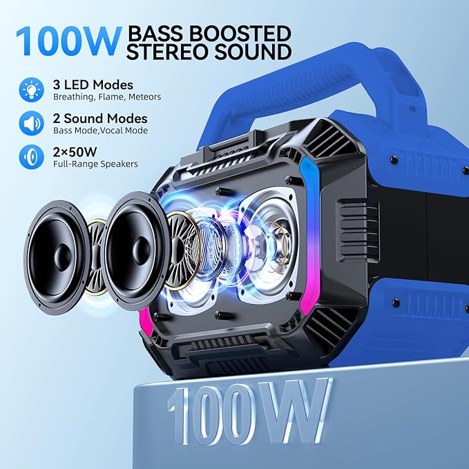Wilody Speakers Bluetooth Wireless, 100W Loud Outdoor Speaker with Bass, IPX7 Waterproof Floatable, 20H Playtime, Wireless Charge, TWS, RGB Light, Portable Speaker for Work, Garage, Outdoor (Blue)