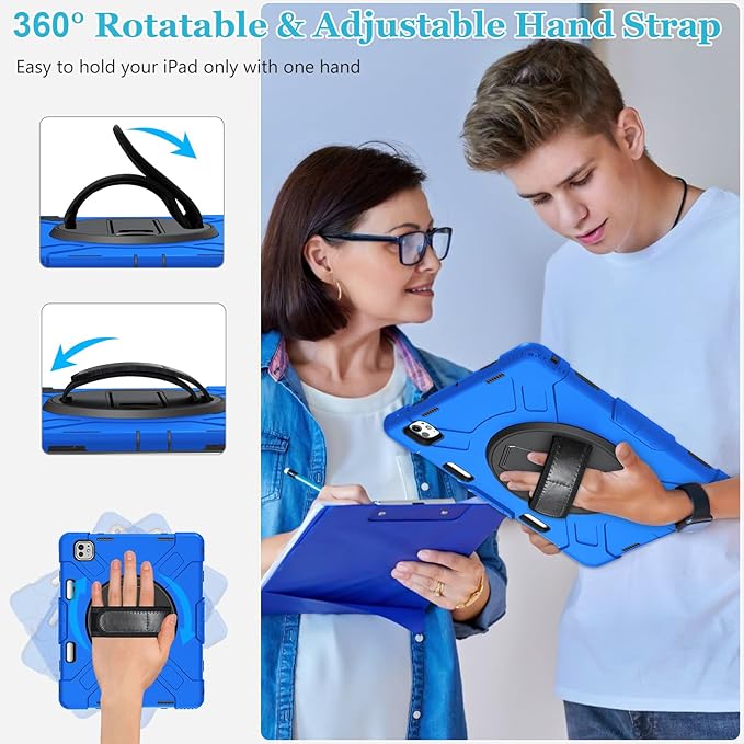 Case for iPad Pro 13 Inch M5 2025/ M4 2024: Military Grade Cover for iPad Pro 13" with Screen Protector - Stand - Handle - Shoulder Strap - Pencil Holder- Blue