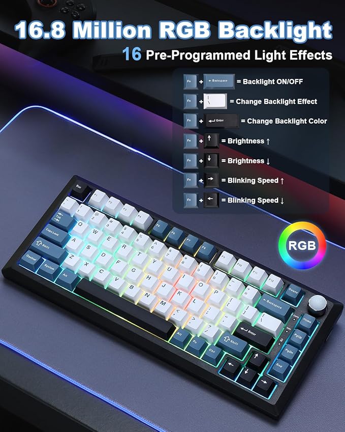 Y75 Gasket Wireless Mechanical Keyboard,75% Hot-Swappable with Knob, Tri-Mode,Creamy Pre-lubed Milk Linear Switches & Doubleshot PBT Keycaps, RGB, Win/Mac (Black & Blue)