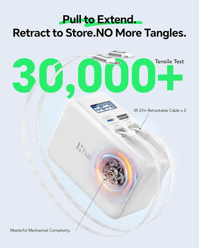 Retractable Wall Charger, 67W Fast Charging with Digital Display, Dual Built-in Retractable Cables (3.3ft), 4-in-1 Travel Plug for iPhone 17/16, MacBook, Galaxy S26