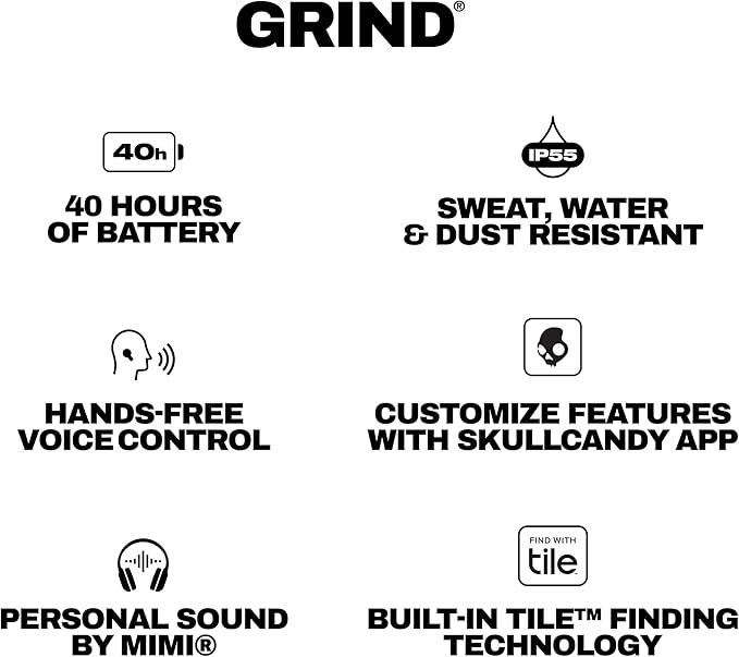 Skullcandy Grind Wireless Earbuds, Bluetooth Headphones, Up to 40 Hours Battery, Noise Isolating Fit, Microphone for iPhone Android, Customizable via Skull-iQ App - Light Grey/Blue