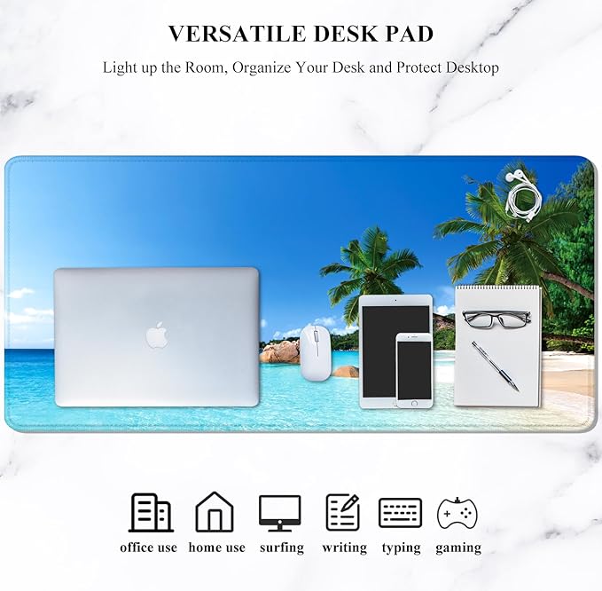 Auhoahsil Large Gaming Mouse Pad, Beach Theme XXL 35.4 x 15.7 in Desk Pad Stitched Non-Slip Rubber Long Computer Mousepad Thin Extended Full Size Desk Mat for Desktop, Laptop, Wireless Mice, Blue