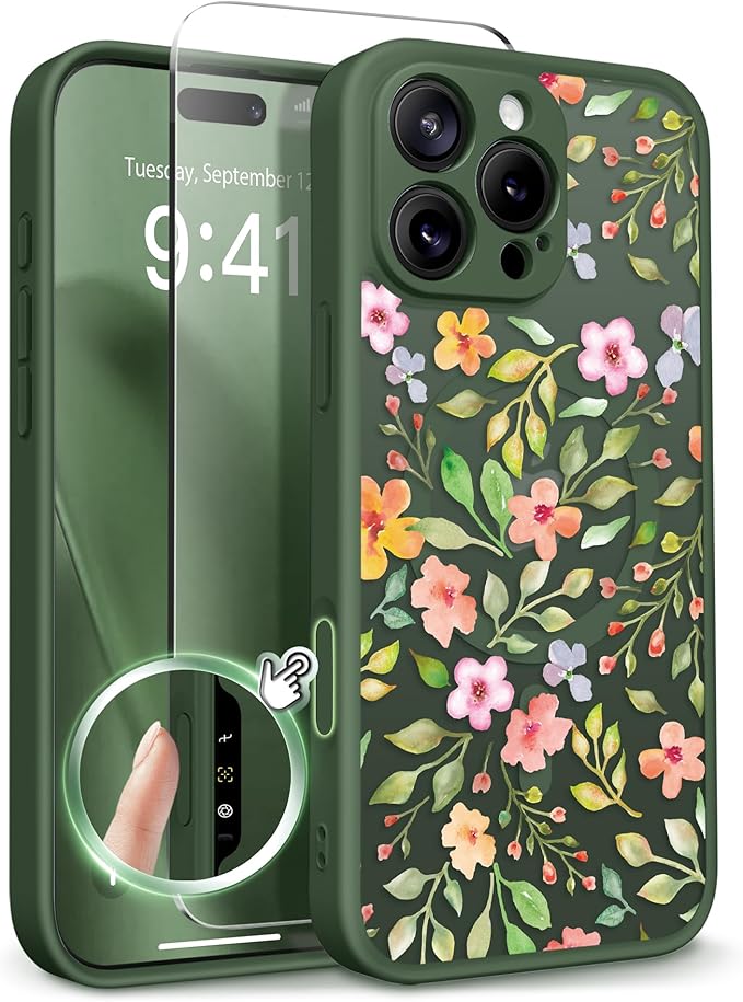 GVIEWIN for iPhone 16 Pro Case Compatible with MagSafe, [Military Grade Protection] [Screen Protector] Full Camera Protection Floral Translucent Women Magnetic Phone Case, Watercolor/Forest Green