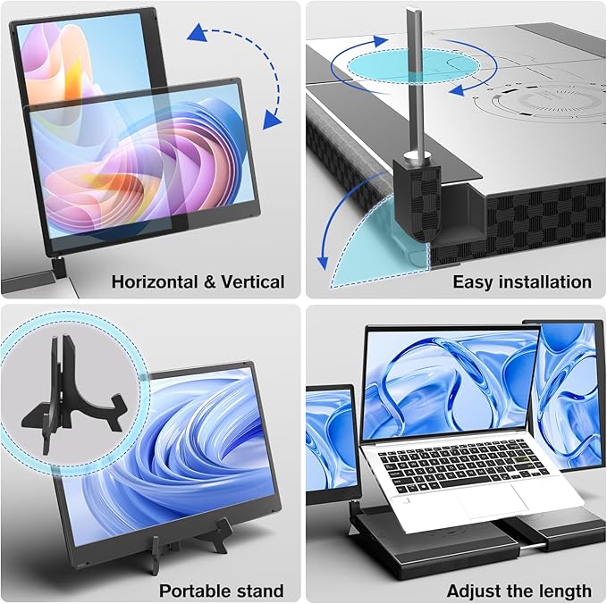 Laptop Screen Extender - 14" Triple Portable Monitor 360 Degrees Rotation IPS FHD 1080P Detachable Screen with Stand for Windows/MacChrome