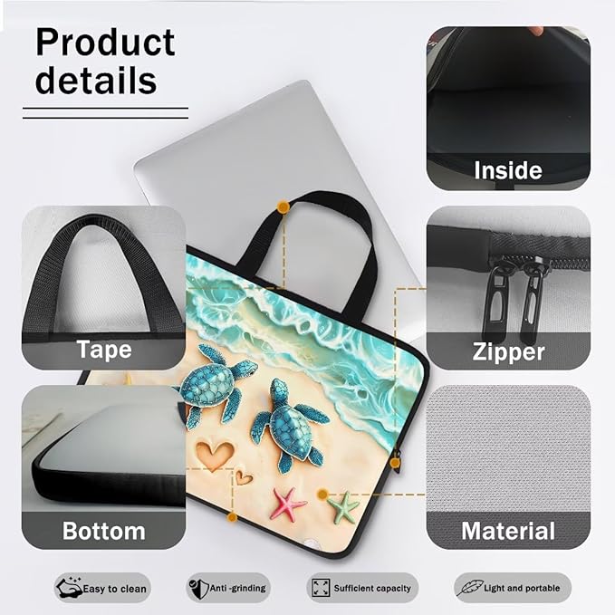 Sea Turtle Laptop Bag 12 Inch Computer Sleeve for Women Men Beach Starfish Padded Notebook Carrying Case with Handle Laptop Cover, Blue