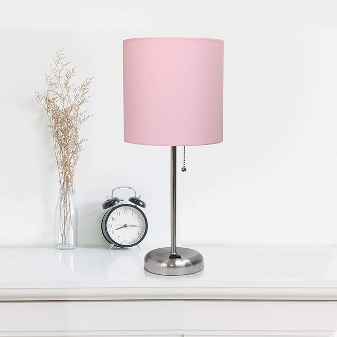 Simple Designs LT2024-LPK-2PK Two Pack Brushed Steel Stick Table Desk Lamp Set with Charging Outlet and Drum Fabric Shade for Living Room, Hallway, Nightstand, Office, Light Pink Shade