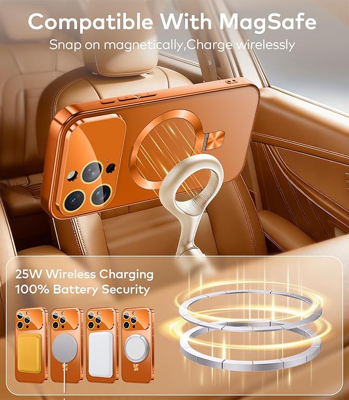 TOBOVON Magnetic for iPhone 16 Pro Case with Ring Stand, Fits MagSafe, with Built-in Camera Lens Protector, Slim Electroplated Shockproof Phone Cover, Orange