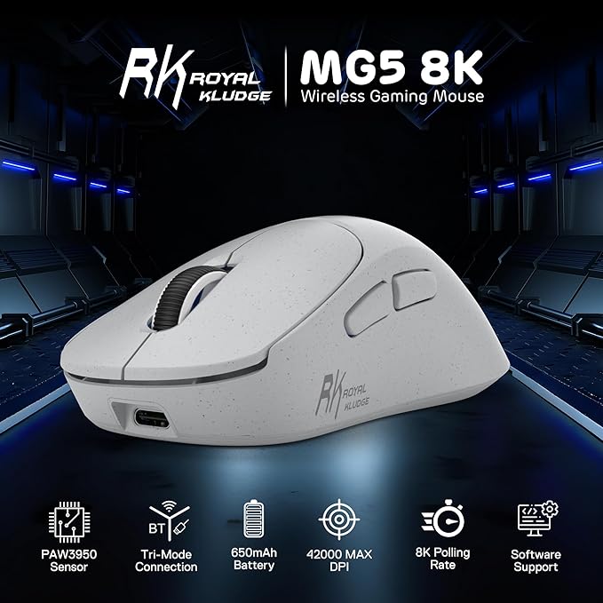 RK ROYAL KLUDGE MG5 8K Wireless Gaming Mouse, 42K DPI PAW3950 Sensor, 56g Lightweight Ergonomic Mouse, Dual 8000Hz Polling Rate, Tri-Mode 2.4G/BT/USB-C, Programmable Web Drive for PC Win/Mac