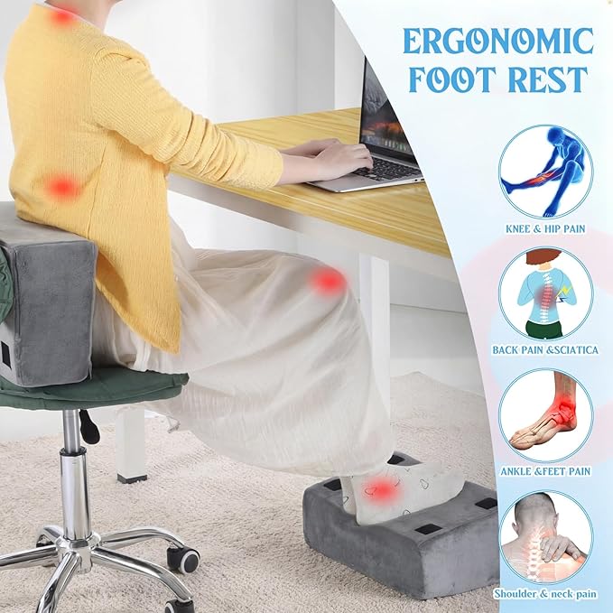 Novabright Foot Rest Under Desk, 3 Height Adjustable Ergonomic Foot Stool with Gel Textured Top and Cozy Pocket, Non-Slip Foam Footrest for Office Home Car(15" X 9" X 17.7",Parallel,Gray)