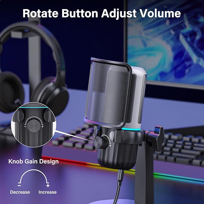 USB Condenser Gaming Microphone, PC Microphone for Streaming, Podcasts, Recording, Desktop Computer Mic with Mute Button & LED Indicator, Volume Control, Headphone Jack