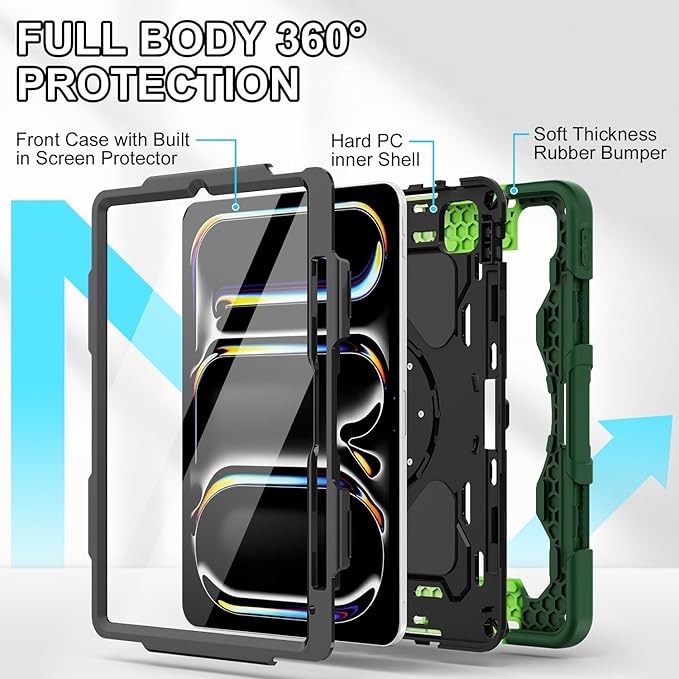 iPad Pro 11 Inch Case M5 2025/M4 2024, Heavy Duty Shockproof Protective Case with Screen Protector, 360° Rotating Stand Hand Strap Shoulder Strap Kids Cover Apple Pencil Holder