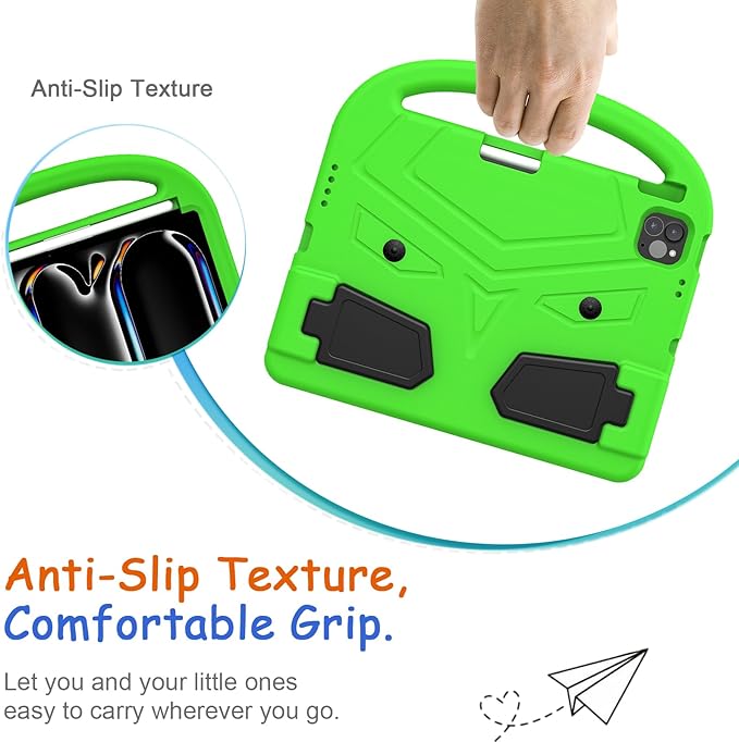 Kids Case for iPad Pro 11" M5 2025/M4 2024 & iPad Air 11" M3 2025/M2 2024, Techcircle Child Shock Proof EVA Protective [Support Pencil Charging] Handle Stand Cover, Green