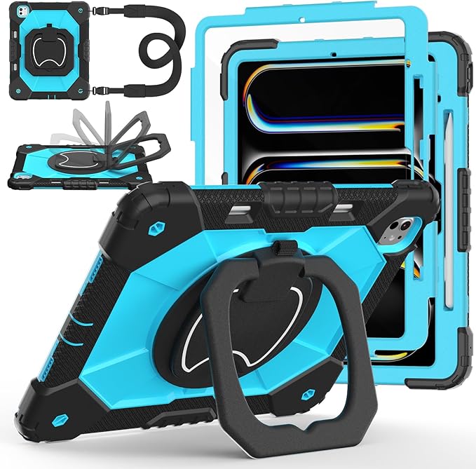Case for iPad Pro 13 Inch M5 2025/ M4 2024, Ubearkk for iPad Pro 13 Inch case with Screen Protector, 360 Degree Rotating Stand Shoulder Strap Pencil Holder,Military Grade Shockproof, Black Blue
